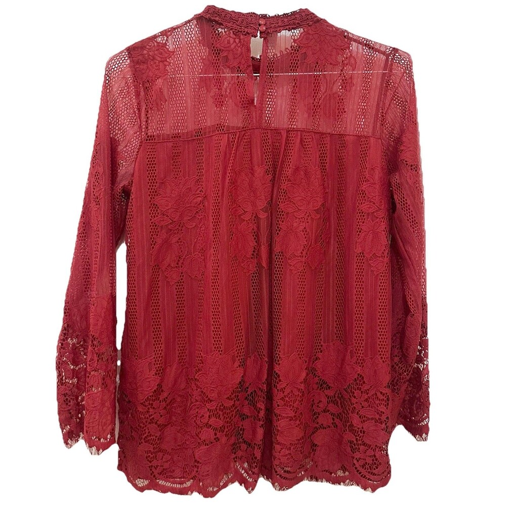 Ultra Pink Red Lace Blouse High Neck Sheer Boho Romantic Top L